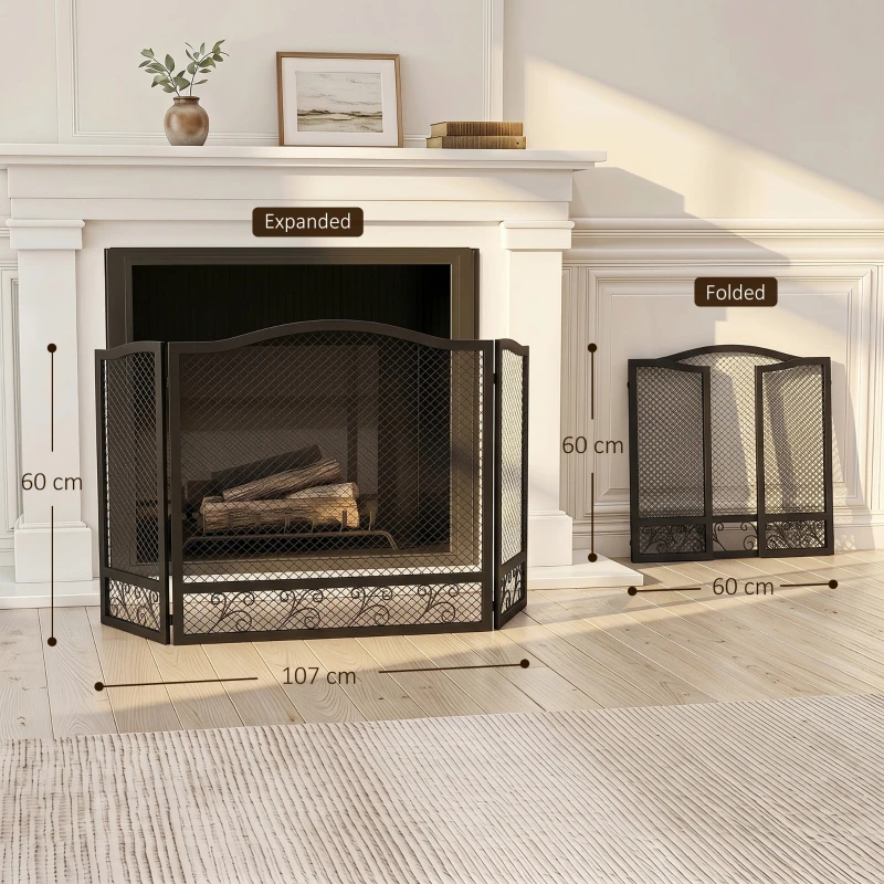 HOMCOM Pare Feu Cheminée Pliable 3 Panneaux, Pare-Étincelles Cheminée, Motif Floral, Métal, 107 x 60 cm, Noir