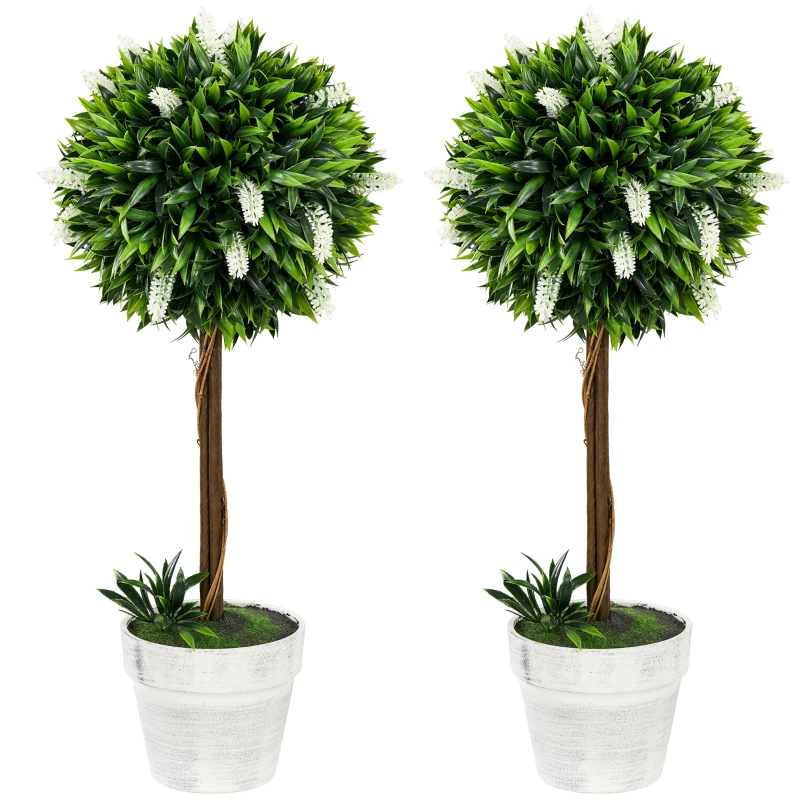 HOMCOM Set van 2 Lavendel Kunstbomen, 60 cm hoog, inclusief Pot en Kunstmos, Wit