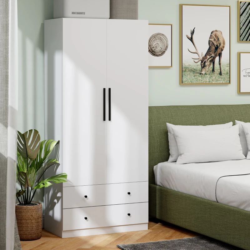 HOMCOM Kledingkast, 2 deuren, hanggedeelte, kledingstang, 2 lades, MDF, wit(m-7)