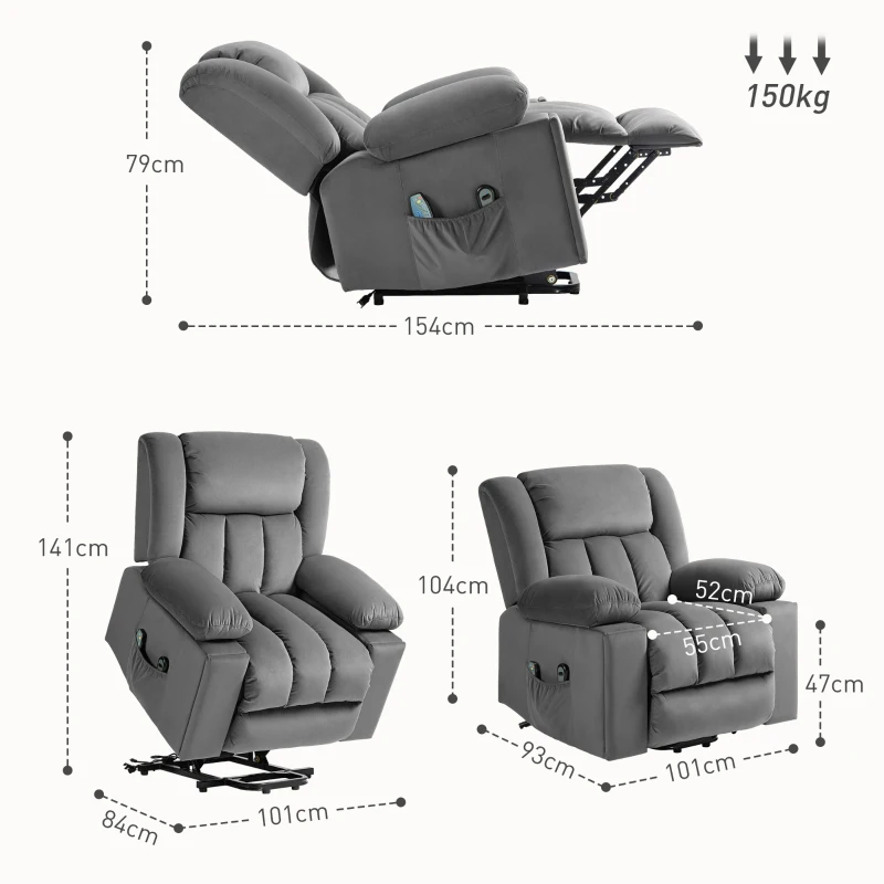 HOMCOM Elektrische Relaxfauteuil met opsta-hulp – Ligstoel met verwarmings- en massagefunctie, afstandsbediening, bekerhouder, zijvak, USB, pocketvering, fluweel, donkergrijs