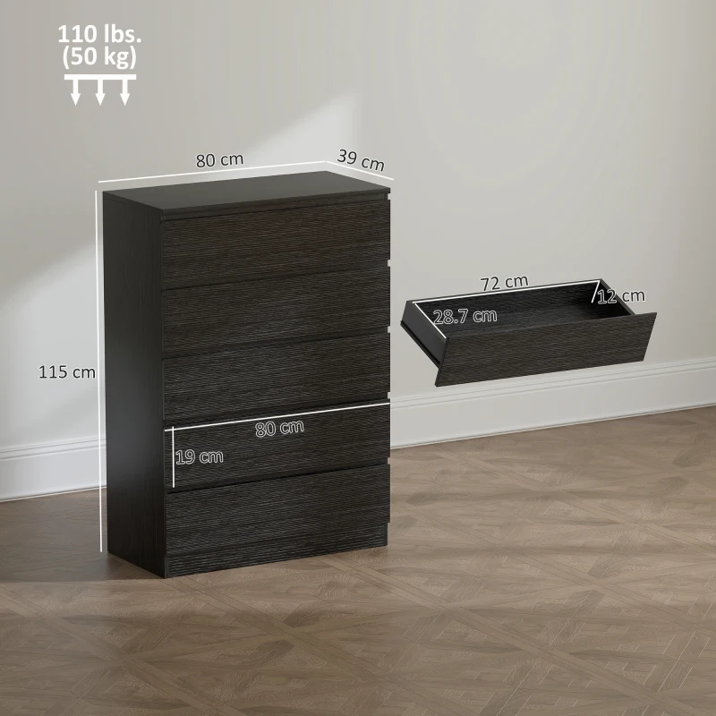 HOMCOM Chest of Drawers, 5 Drawer Dresser, Modern Storage Cabinet with 5 Drawers, for Bedroom, Living Room, Black