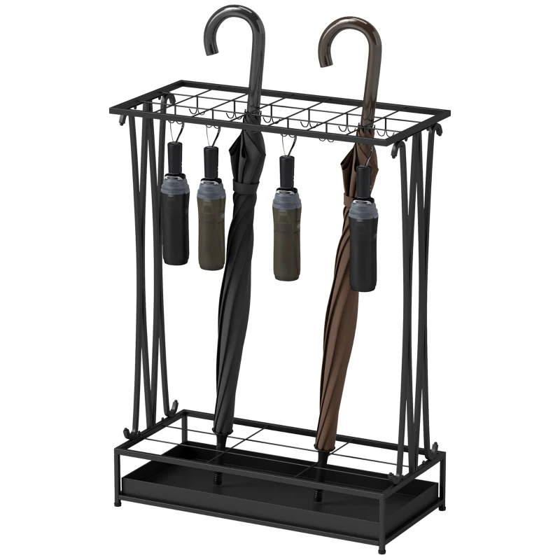 Suport de Umbrele HOMCOM cu Tavă pentru Apa, 21 de Orificii și 24 de Cârlige pentru Umbrelă, din Oțel, 50x24x68 cm, Negru
