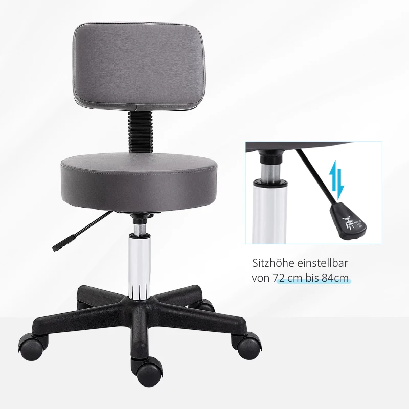 HOMCOM Salonkruk, verstelbaar, ergonomisch, 360° draaibaar, 5 wielen, kunstlederen bekleding, Grijs