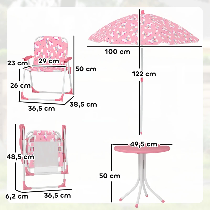 AIYAPLAY Conjunto Infantil de Mesa e Cadeiras de Jardim de 4 Peças Cadeiras Dobráveis Chapéu de Sol Desmontável Design Unicórnios Rosa