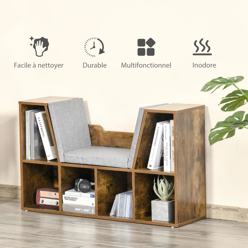 HOMCOM Bibliothèque banc 2 en 1 avec coussins de siège, étagère cube 6 compartiments ouverts, 102 x 30 x 61 cm, brun rustique
