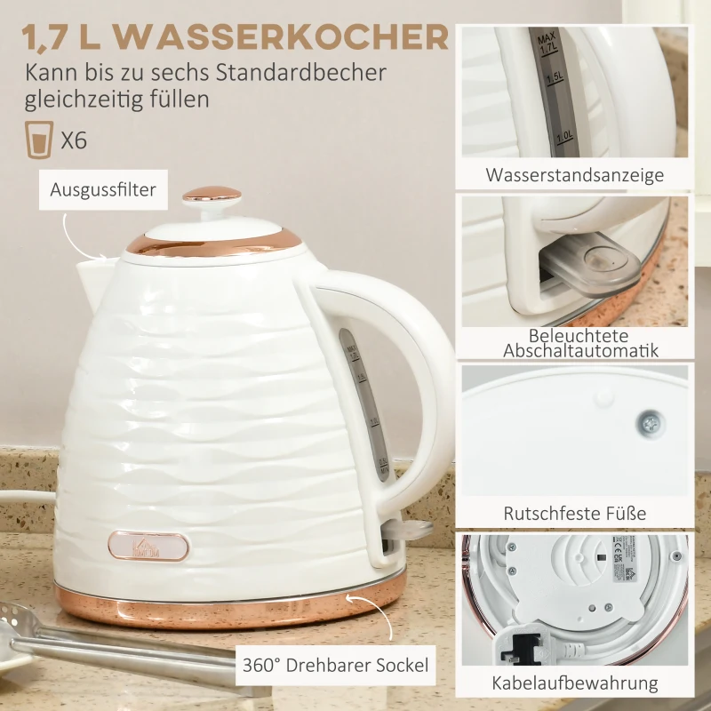 HOMCOM 2-in-1 Toaster en Waterkoker Set, 7 Bruiningsniveaus, Ontdooien en Verwarmen Functie, Cremewit