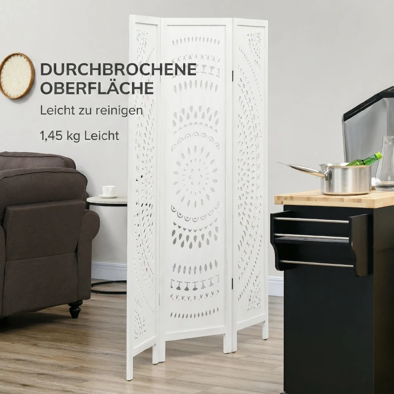 HOMCOM Biombo Dobrável de 3 Painéis de Madeira 120x170 cm Biombo Separador de Ambientes com Padrões Gravados Elegantes Branco