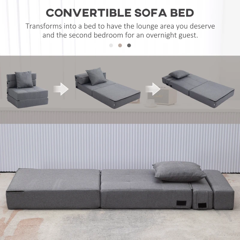 HOMCOM Convertible Chair Bed, Floor Sofa Bed Recliner, Fabric Upholstered Sleeper Lounge Futon with Pillow for Living Room, Dark Grey