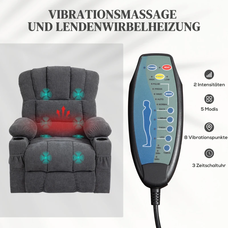 HOMCOM elektrische TV-relaxstoel met sta-op hulp, ligfunctie, verwarmings- en massagefunctie, met afstandsbediening, USB, bekerhouders en zijvak, donkergrijs(m-5)