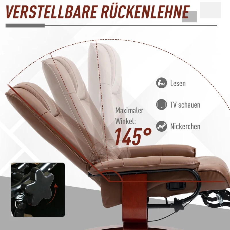 HOMCOM Relaxfauteuil met Voetensteun, 145° Verstelbare Rugleuning, 360° Draaibaar, Kunstleer, Houten Onderstel, tot 120 kg, Bruin(m-4)