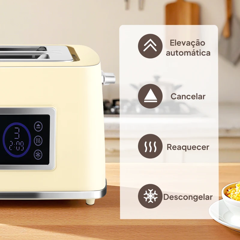 HOMCOM Fervedor de Água 1,7L 3000W Função Manter Quente Torradeira de Pão com Fenda Larga para 2 Fatias 6 Níveis de Tostagem Creme