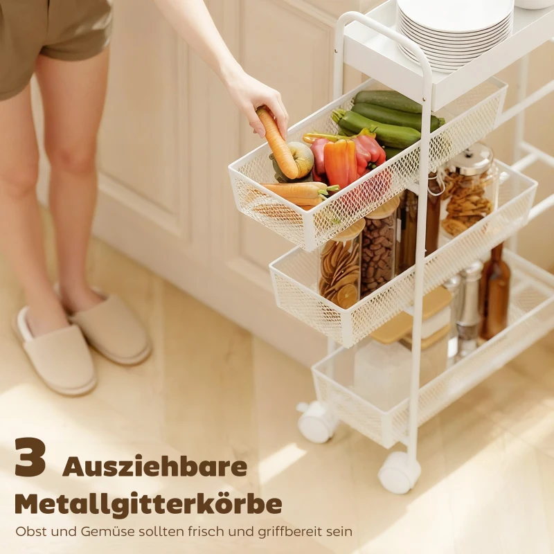 HOMCOM Keukentrolley van metaal, 3 manden, smal design, 4 wielen, voor keuken, woonkamer, badkamer, Wit