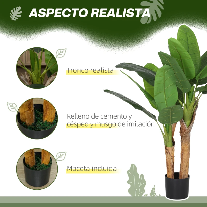 HOMCOM Planta Artificial Bananera de 120 cm con Maceta y 15 Hojas Realistas Planta Tropical Sintética para Decoración Interior