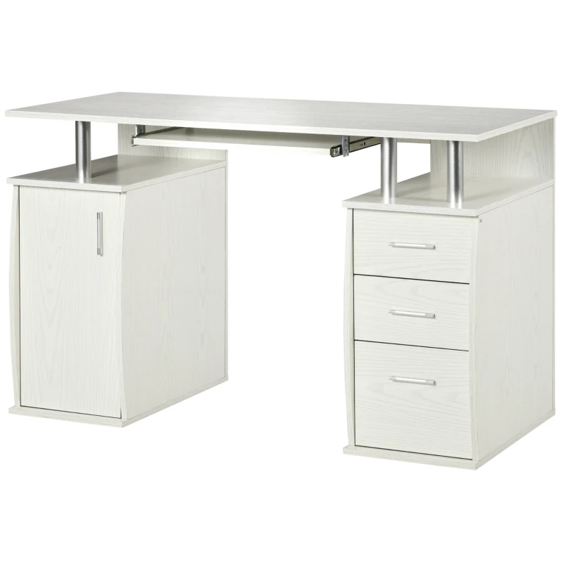 HOMCOM Bureau d'ordinateur, bureau informatique 120 x 55 cm avec plateau pour clavier, 3 tiroirs, pour chambre, domicile, blanc