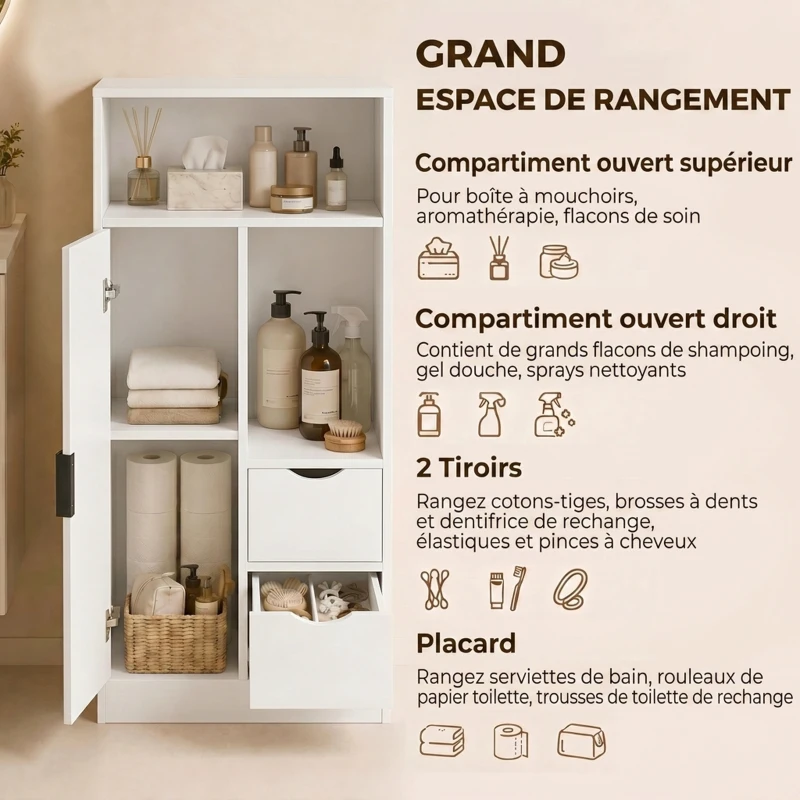 HOMCOM Meuble de salle de bain, meuble de rangement étroit avec 2 tiroirs, compartiments ouverts, 50x25x100cm, blanc
