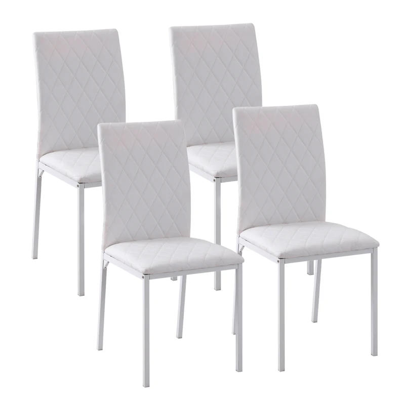 HOMCOM Conjunto de 4 Cadeiras de Sala de Jantar, Cadeiras Modernas para Cozinha, Encosto Alto com Costuras Decorativas em Forma de Diamante, Estofadas em Pele Sintética, Pernas de Aço, Suportam até 120 kg, Branco