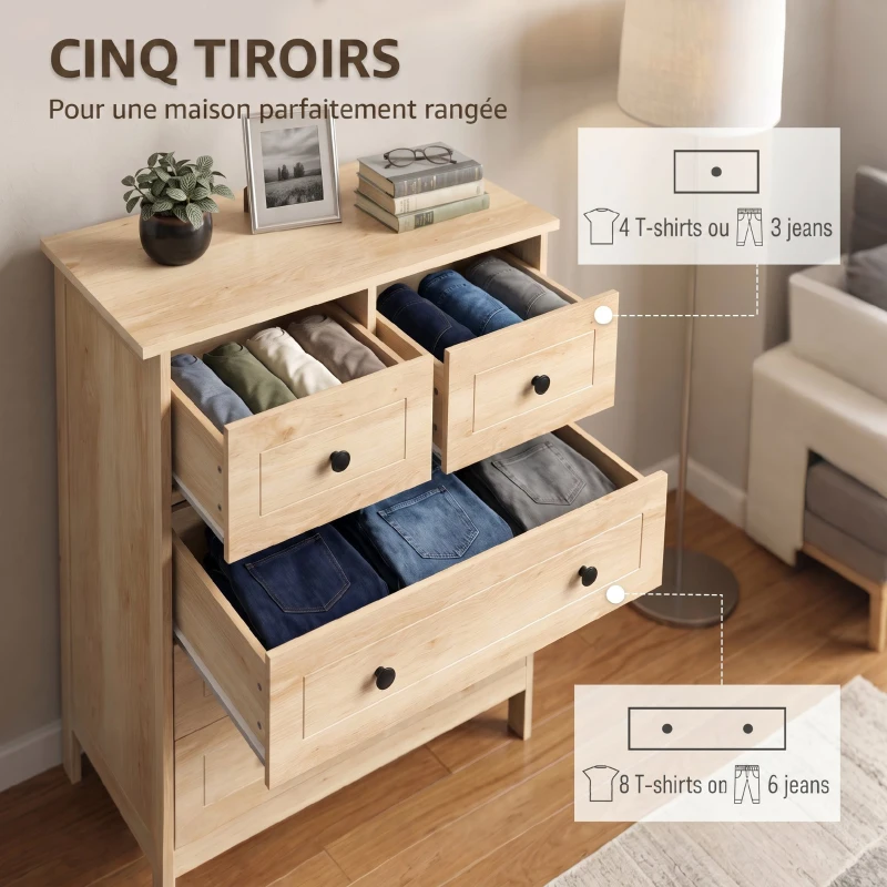 HOMCOM Commode meuble de rangement 5 tiroirs pour chambre, bureau, entrée, chêne et poignée métal noir