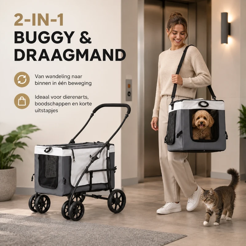 PawHut 2-in-1 Hondenbuggy met Afneembare Draagmand voor Honden en Katten tot 10 kg, Grijs