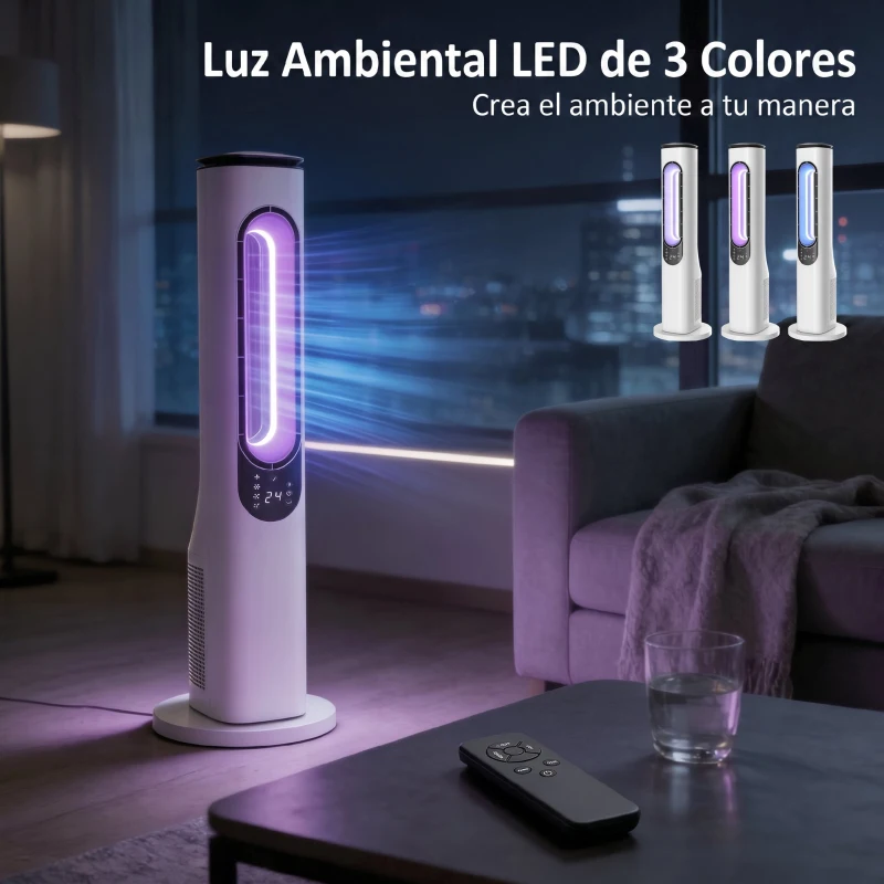 HOMCOM Ventilador de Torre sin Aspas con Luces LED Control Remoto 3 Velocidades 3 Modos Temporizador 15H Oscilación 50° Blanco