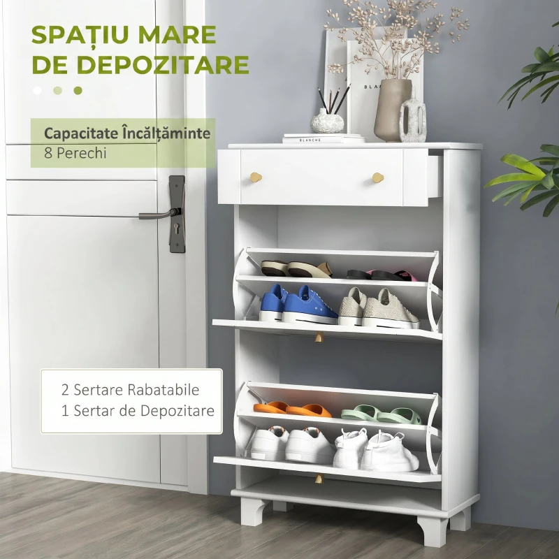 HOMCOM Dulap Pantofi Slim cu 2 Uși, Sertar, Rafturi Reglabile, 8 Perechi, MDF, PAL, 60 x 23,5 x 98,5 cm, Alb