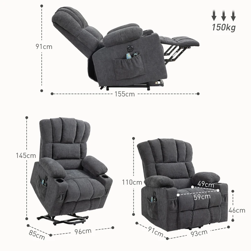 HOMCOM elektrische TV-relaxstoel met sta-op hulp, ligfunctie, verwarmings- en massagefunctie, met afstandsbediening, USB, bekerhouders en zijvak, donkergrijs(m-3)