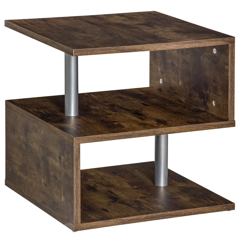 HOMCOM Mesa Auxiliar en Forma de S con Estantes a 3 Niveles Estilo Industrial para Salón 48x48x48 cm Marrón Rústico