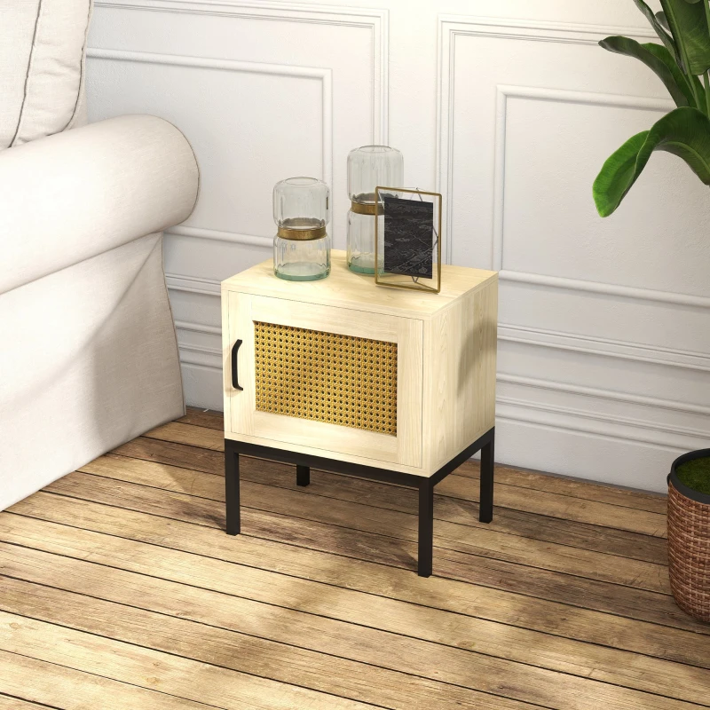 HOMCOM Mesa de Cabeceira com Porta de Vime Estilo Cannage com Pés de Metal 43x30x51 cm Madeira e Preto