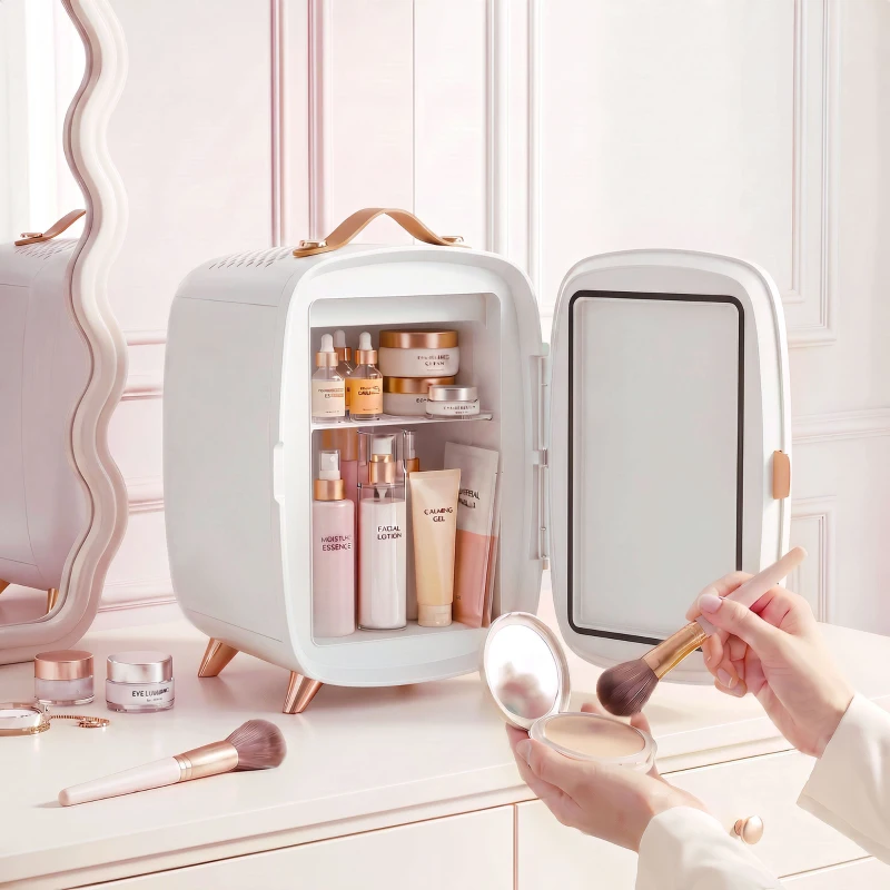 HOMCOM Skincare Refrigerator, 6L Mini Cosmetic Fridge with LED Mirror, Cooling Function for Bedroom, Skincare, Office, White