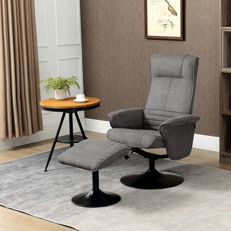 HOMCOM fauteuil met voetenbank, verstelbare rugleuning, 69 cm x 71 cm x 104 cm, donkergrijs+zwart