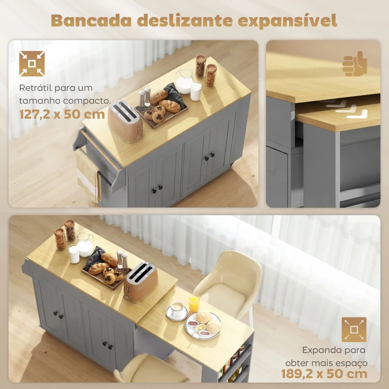 HOMCOM Ilha de Cozinha com Rodas Tampo Extensível Carrinho de Cozinha com 4 Portas Prateleiras Ajustáveis Estante Lateral Aberta Cinza