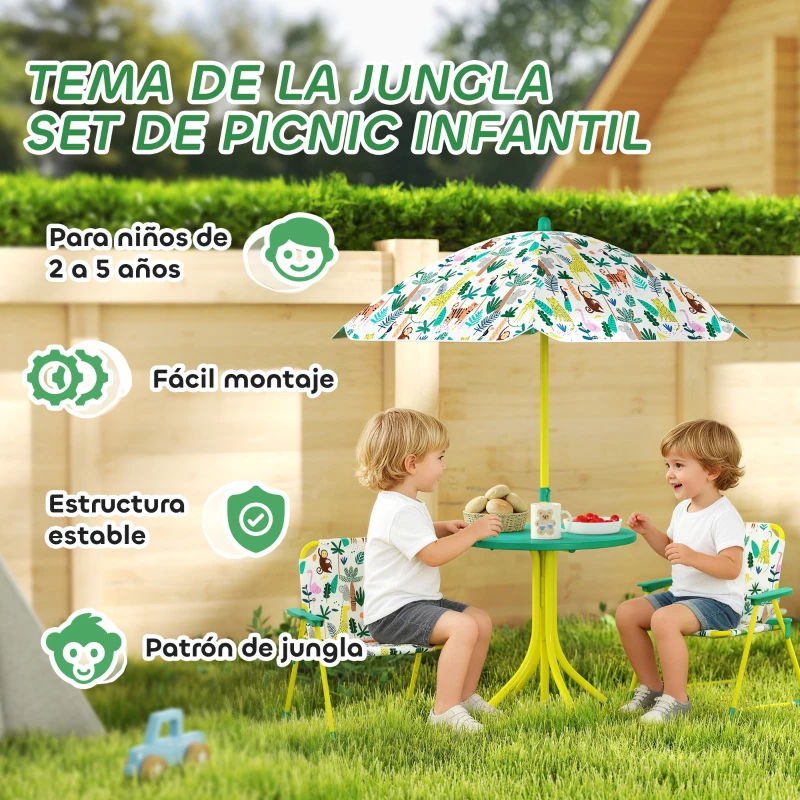 AIYAPLAY Conjunto de Mesa y Sillas Infantil de Jardín de 4 Piezas Sillas Plegables Sombrilla Desmontable Diseño de Jungla Verde