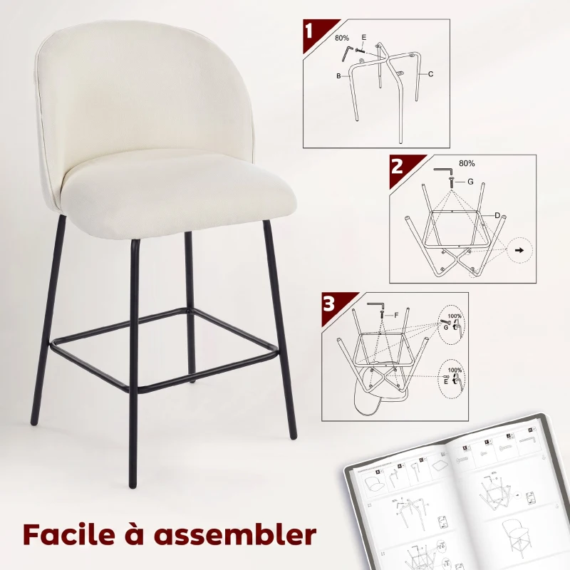 HOMCOM Lot de 2 Tabourets de Bar, Chaises de Bar, Repose-Pieds et Dossier, Tissu Effet Lin, Hauteur d'Assise 68cm, Crème
