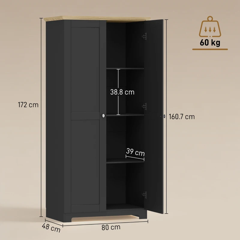 HOMCOM Kitchen Cupboard, 172cm Freestanding Storage Cabinet with Doors and Shelves, Black