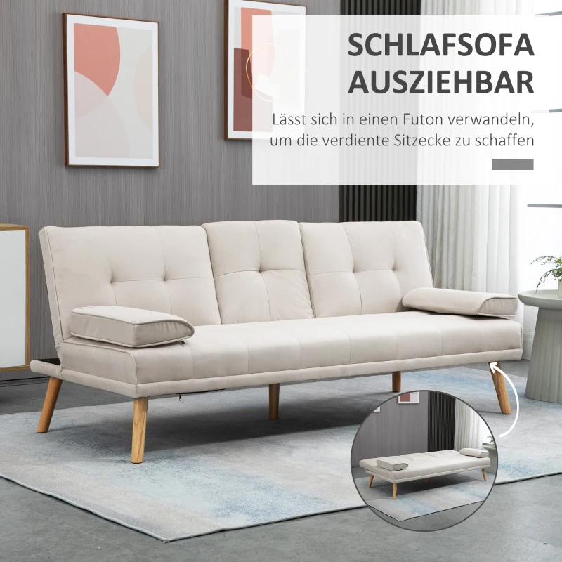 HOMCOM Slaapbank 3-zits, verstelbare rugleuning met inklaptafel, twee armkussens, linnenlook, beige, 181 x 77 x 78 cm