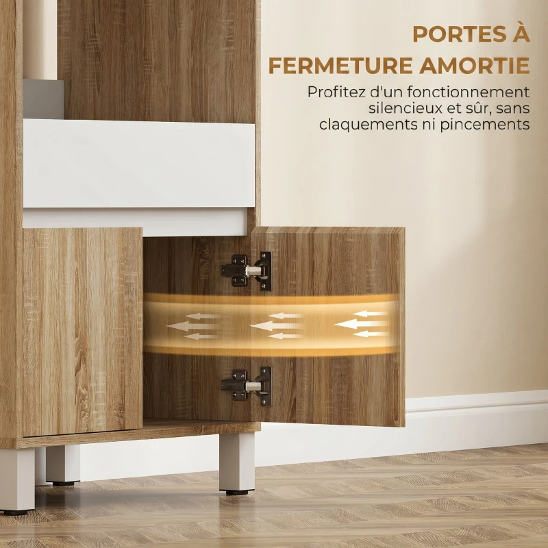 HOMCOM Meuble Micro-Ondes, Buffet Cuisine avec Tiroir, 2 Portes à Fermeture Douce, Plan de Travail et Étagères Ouvertes, Chêne