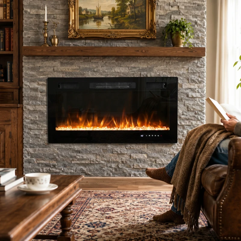 HOMCOM Camino Elettrico da Incasso o a Parete con Temperatura Regolabile, in Acciaio e Vetro, 91.4x9.4x47 cm, Nero
