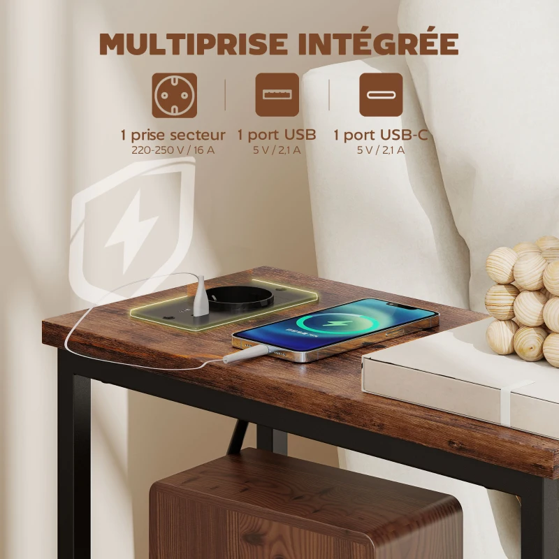 HOMCOM Table d'appoint avec station de charge, table de salon étroite avec 2 tiroirs en tissu, étagère ouverte, brun rustique