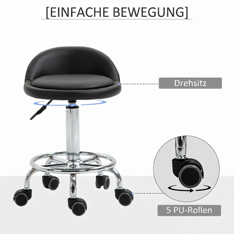 HOMCOM Verrijdbare kruk met rugleuning 57-72 cm hoogte verstelbaar draaikruk voor kantoor salon massage