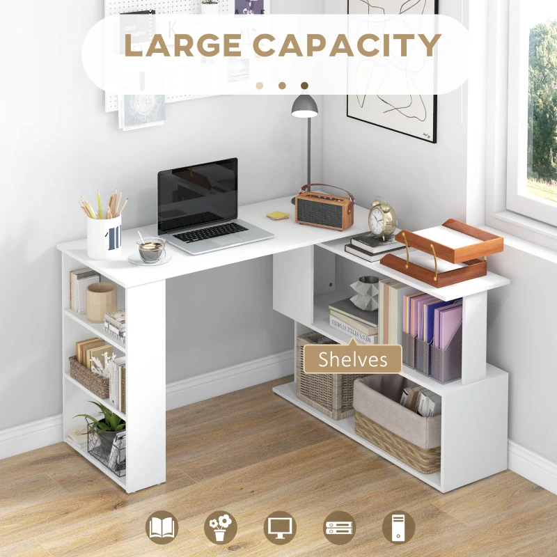 HOMCOM Corner Computer Desk, L Shaped Desk with 360° Rotating Bookshelf, 120W x 110D x 74.5H cm, White