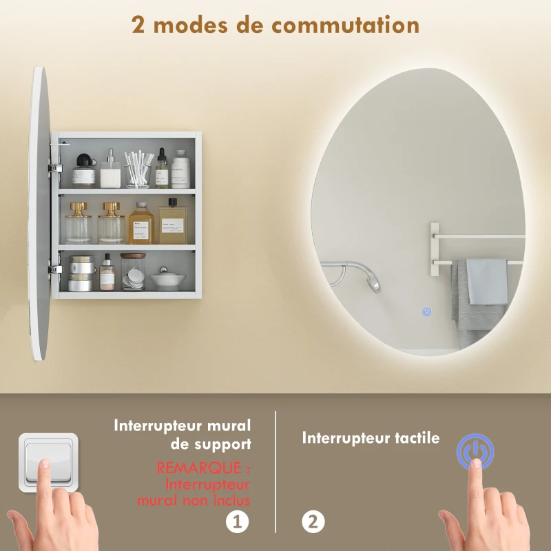 HOMCOM Armoire murale salle de bain avec miroir et éclairage LED, anti-buée, 3 températures de lumière, 50x14x70cm, blanc