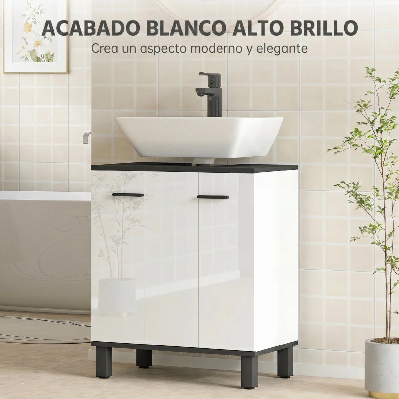 HOMCOM Mueble Bajo Lavabo con 2 Puertas y Estante Ajustable para Lavabo con o sin Pedestal 60x34x70 cm Blanco Brillo