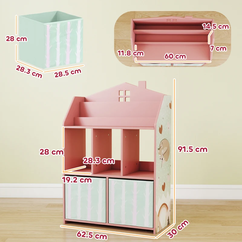 AIYAPLAY Kids Bookshelf with Storage, Toy Storage Unit with Book Display, Shelves and Fabric Drawers for Playroom Nursery, Pink