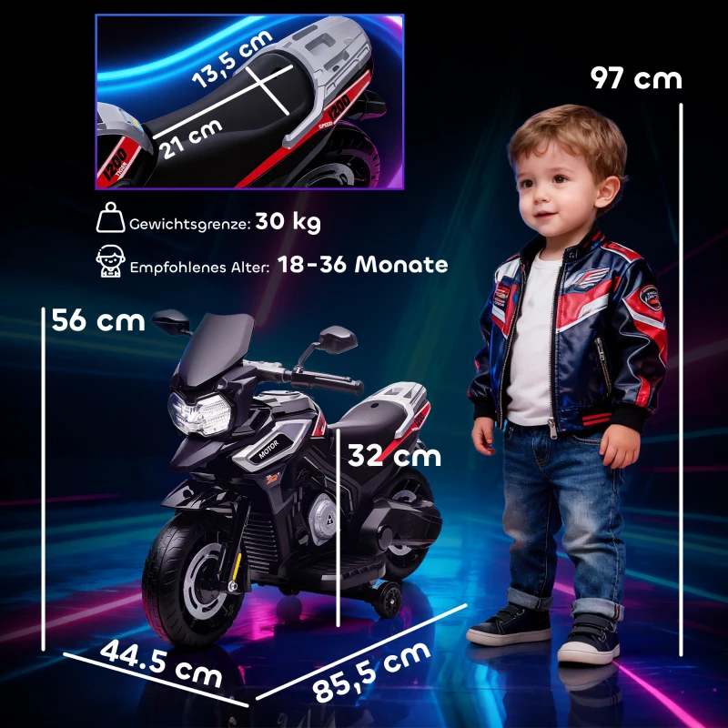 AIYAPLAY Elektrische motor voor kinderen van 18-36 maanden, zitvoertuig, hulpwielen, verlichting, muziek, kunststof, staal, zwart