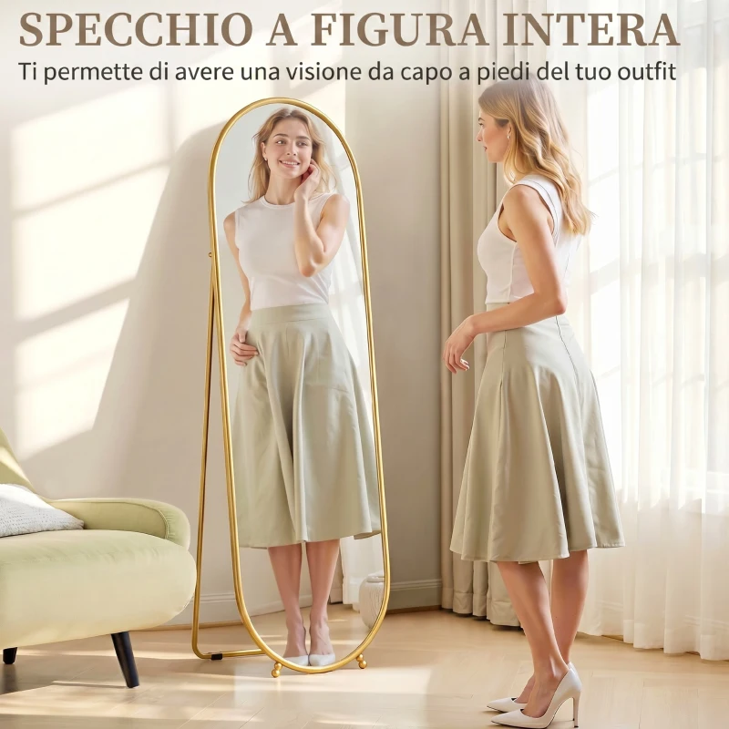 HOMCOM Specchio Verticale Ovale da Terra con Supporto, in Vetro e Metallo, 40x41x159 cm, Tonalità Oro
