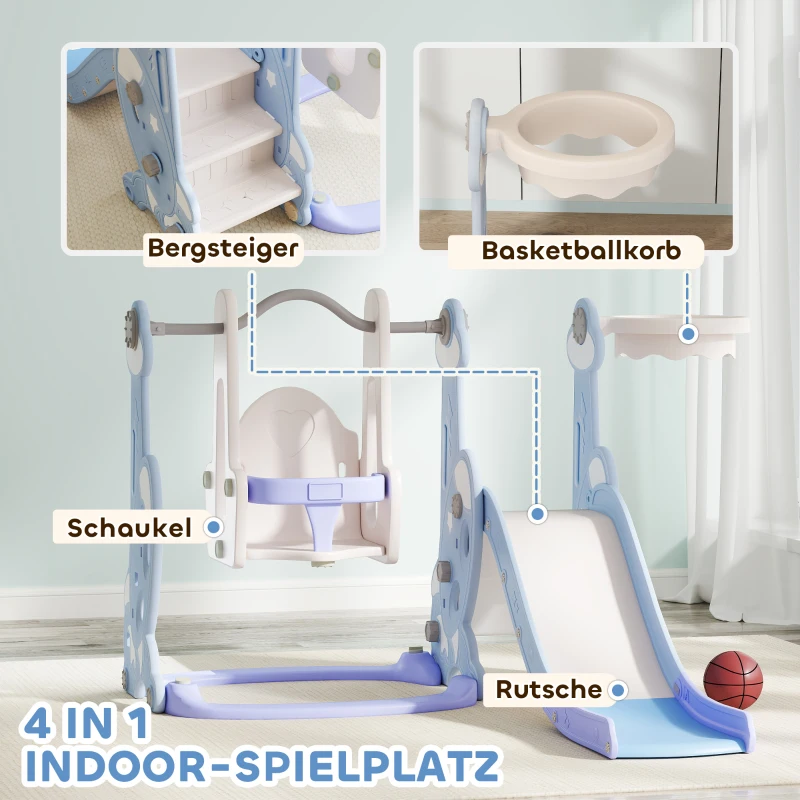 AIYAPLAY 4-in-1 Binnenspeelplaats, Glij- en Schommelset voor Peuters, Basketbalring, Raketontwerp, Kunststof, Lichtblauw