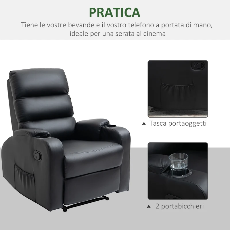HOMCOM Poltrona Relax Reclinabile Manualmente a 165° con Poggiapiedi, Portabicchieri e Tasca in Finta Pelle, Nero