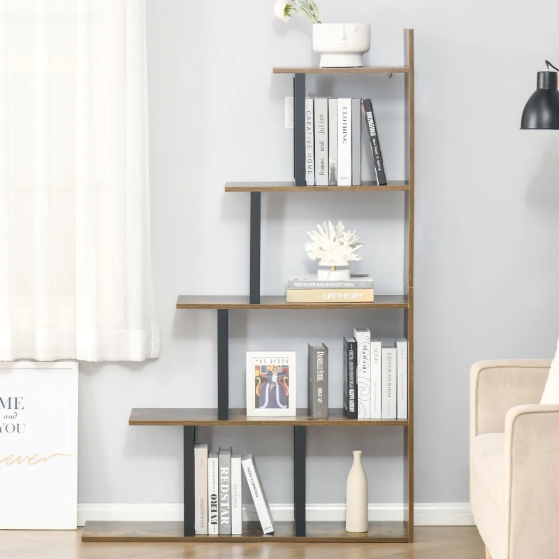 HOMCOM 5-Tier Bookcase, Wooden Ladder Bookshelf Display Stand, Rustic Brown