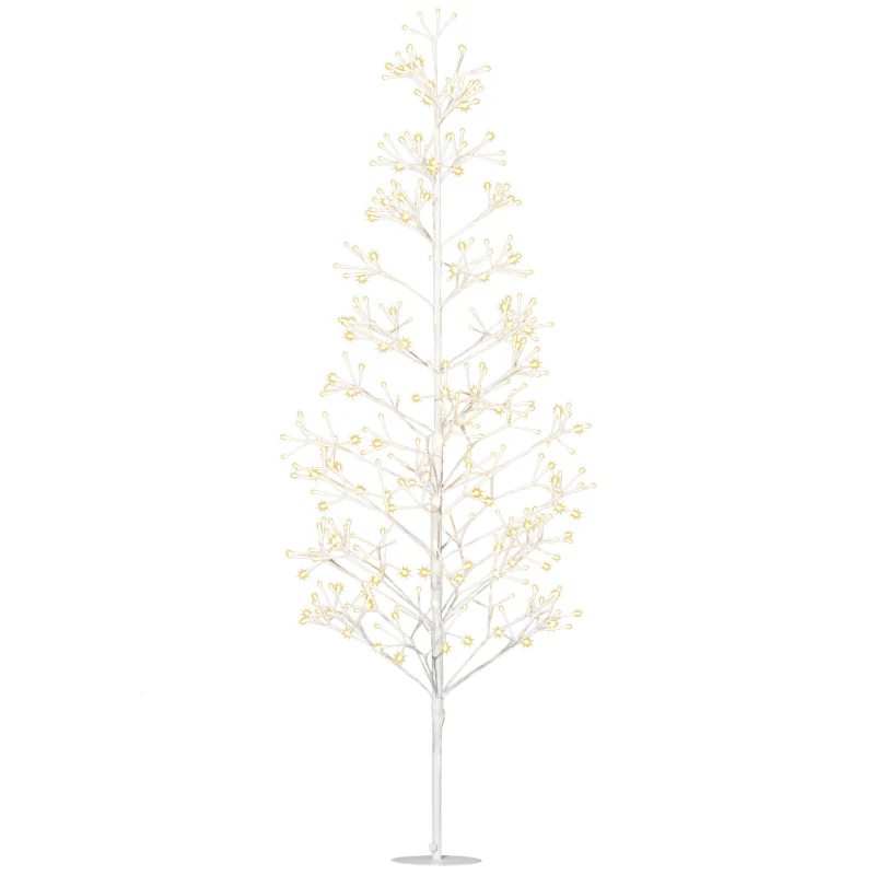 HOMCOM Sapin de Noël artificiel 180 cm avec 384 LED blanc chaud, branches flexibles, base en acier, blanc