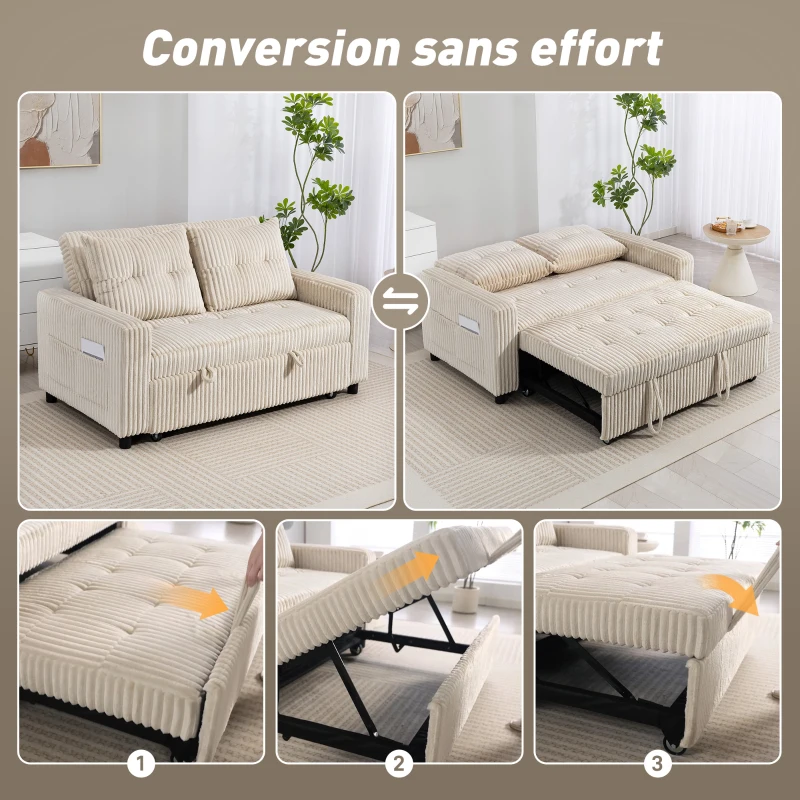 HOMCOM Canapé convertible 2 places canapé-lit en velours côtelé 157x190cm dossier réglable poches latérales et 2 coussins crème