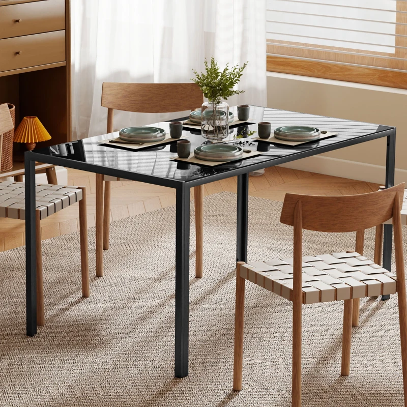 HOMCOM Mesa de Refeição de Vidro Mesa Retangular para 6 Pessoas com Pés de Metal  140x80x75 cm Preto